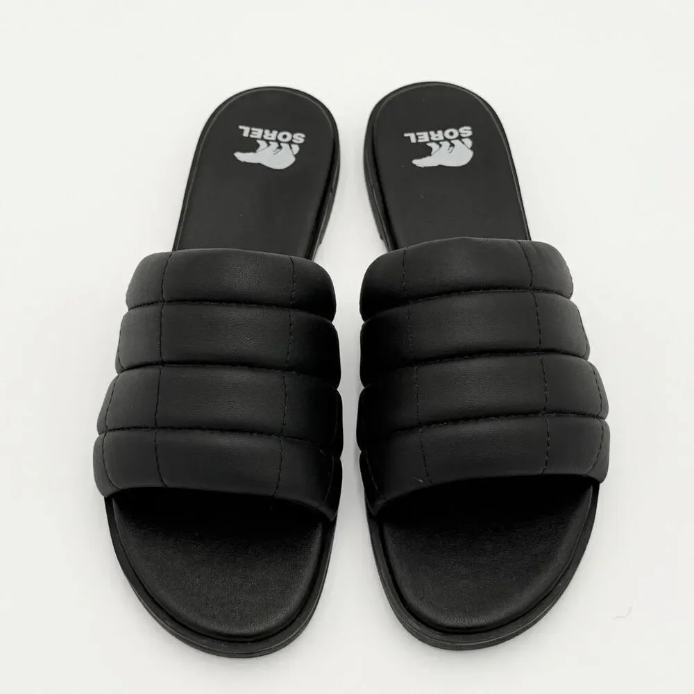 Sorel Ella III Quilted Puff Leather Black Slides - US Women’s Size 9 / EU 40 //